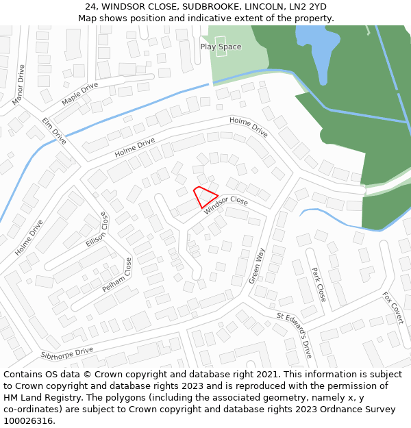 24, WINDSOR CLOSE, SUDBROOKE, LINCOLN, LN2 2YD: Location map and indicative extent of plot