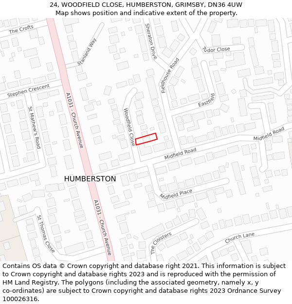 24, WOODFIELD CLOSE, HUMBERSTON, GRIMSBY, DN36 4UW: Location map and indicative extent of plot