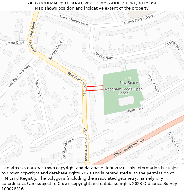 24, WOODHAM PARK ROAD, WOODHAM, ADDLESTONE, KT15 3ST: Location map and indicative extent of plot
