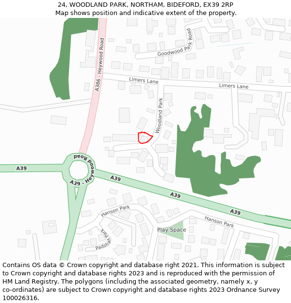 24, WOODLAND PARK, NORTHAM, BIDEFORD, EX39 2RP: Location map and indicative extent of plot