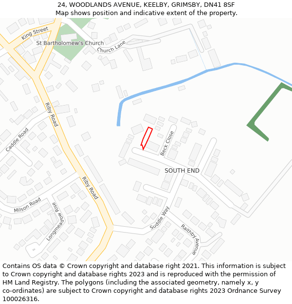 24, WOODLANDS AVENUE, KEELBY, GRIMSBY, DN41 8SF: Location map and indicative extent of plot