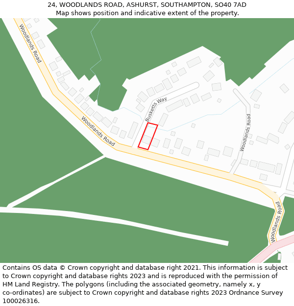 24, WOODLANDS ROAD, ASHURST, SOUTHAMPTON, SO40 7AD: Location map and indicative extent of plot