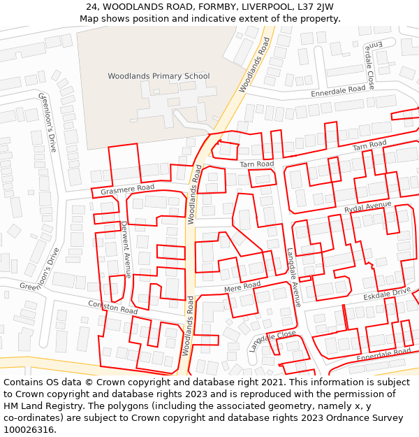 24, WOODLANDS ROAD, FORMBY, LIVERPOOL, L37 2JW: Location map and indicative extent of plot