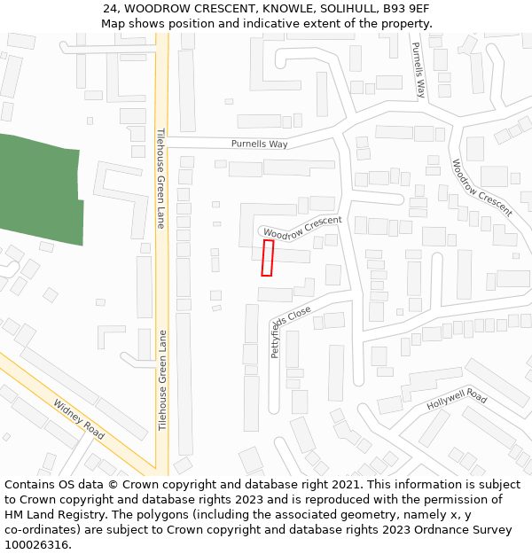 24, WOODROW CRESCENT, KNOWLE, SOLIHULL, B93 9EF: Location map and indicative extent of plot