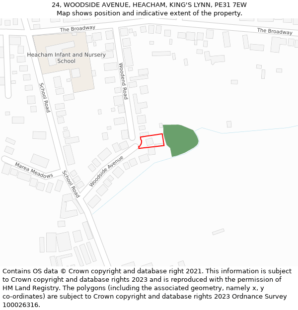 24, WOODSIDE AVENUE, HEACHAM, KING'S LYNN, PE31 7EW: Location map and indicative extent of plot