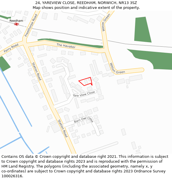 24, YAREVIEW CLOSE, REEDHAM, NORWICH, NR13 3SZ: Location map and indicative extent of plot