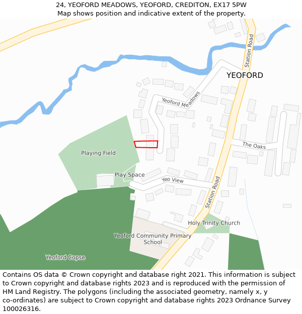 24, YEOFORD MEADOWS, YEOFORD, CREDITON, EX17 5PW: Location map and indicative extent of plot