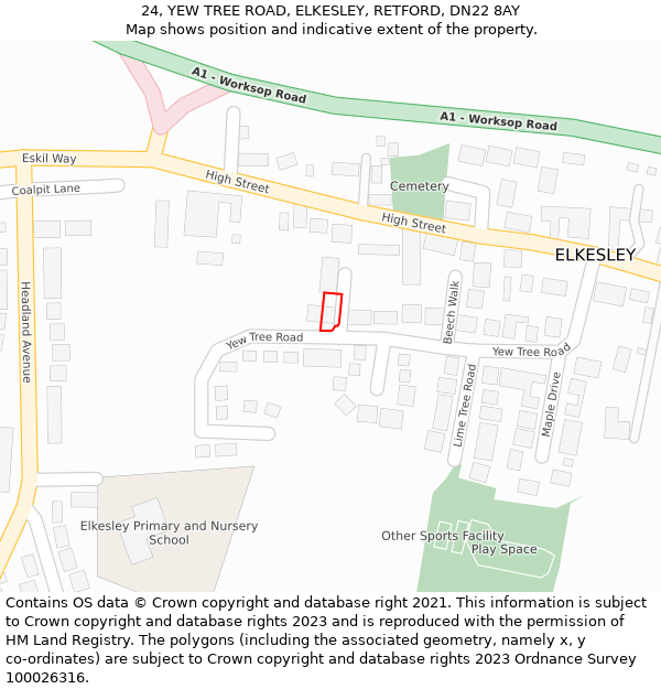 24, YEW TREE ROAD, ELKESLEY, RETFORD, DN22 8AY: Location map and indicative extent of plot