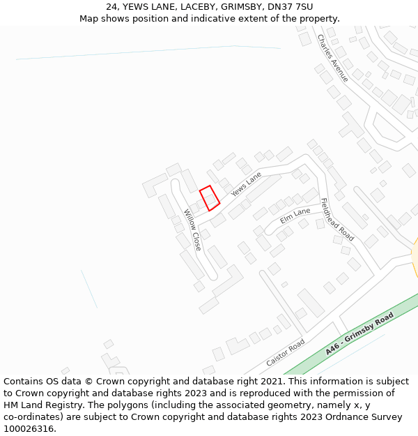 24, YEWS LANE, LACEBY, GRIMSBY, DN37 7SU: Location map and indicative extent of plot