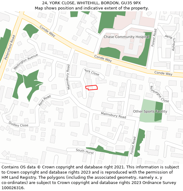 24, YORK CLOSE, WHITEHILL, BORDON, GU35 9PX: Location map and indicative extent of plot