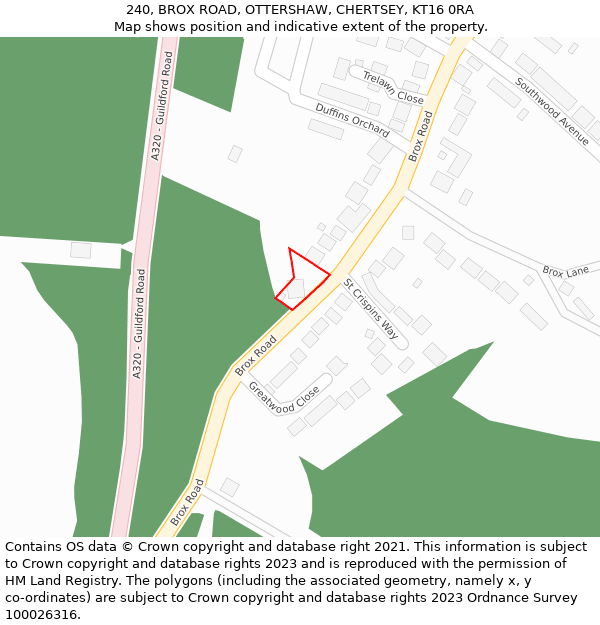 240, BROX ROAD, OTTERSHAW, CHERTSEY, KT16 0RA: Location map and indicative extent of plot