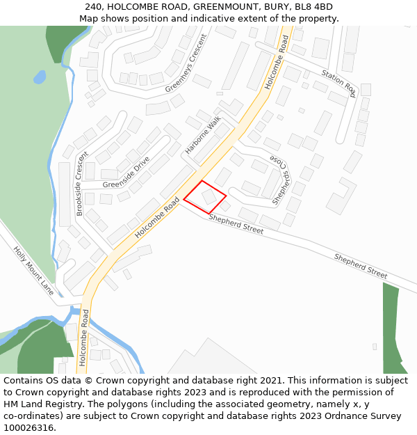 240, HOLCOMBE ROAD, GREENMOUNT, BURY, BL8 4BD: Location map and indicative extent of plot