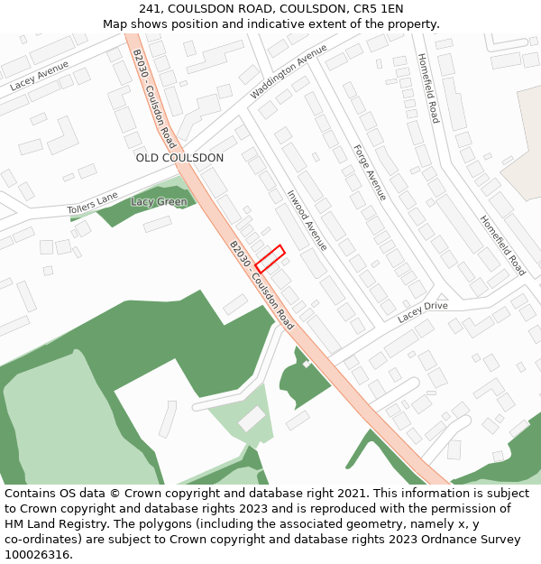 241, COULSDON ROAD, COULSDON, CR5 1EN: Location map and indicative extent of plot