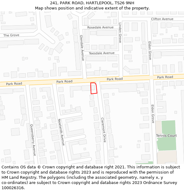 241, PARK ROAD, HARTLEPOOL, TS26 9NH: Location map and indicative extent of plot