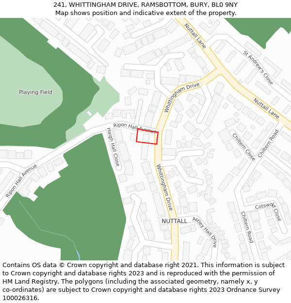 241, WHITTINGHAM DRIVE, RAMSBOTTOM, BURY, BL0 9NY: Location map and indicative extent of plot