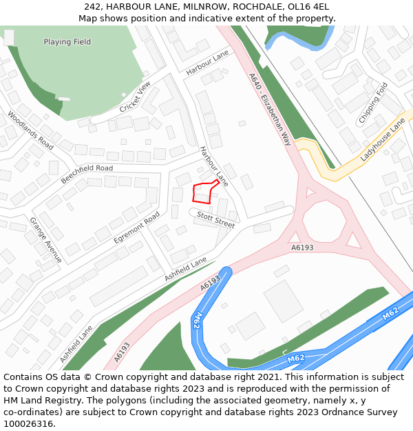 242, HARBOUR LANE, MILNROW, ROCHDALE, OL16 4EL: Location map and indicative extent of plot