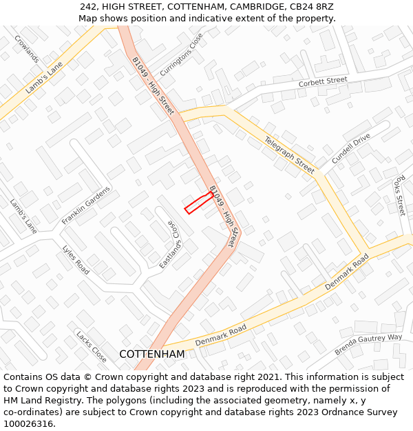 242, HIGH STREET, COTTENHAM, CAMBRIDGE, CB24 8RZ: Location map and indicative extent of plot