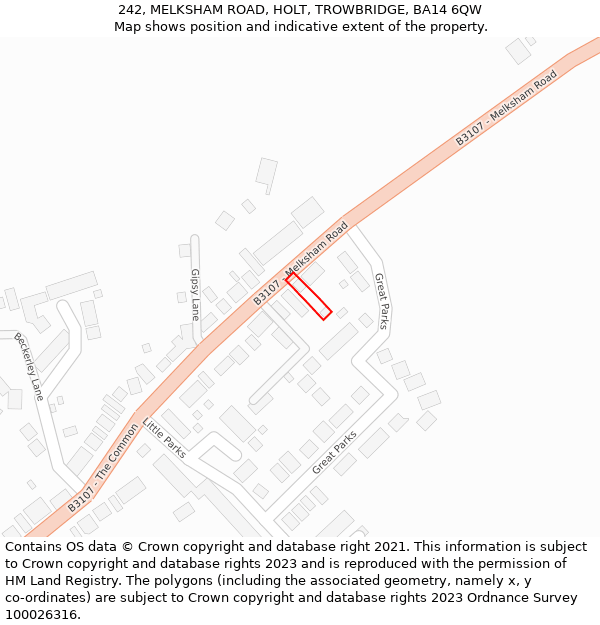 242, MELKSHAM ROAD, HOLT, TROWBRIDGE, BA14 6QW: Location map and indicative extent of plot