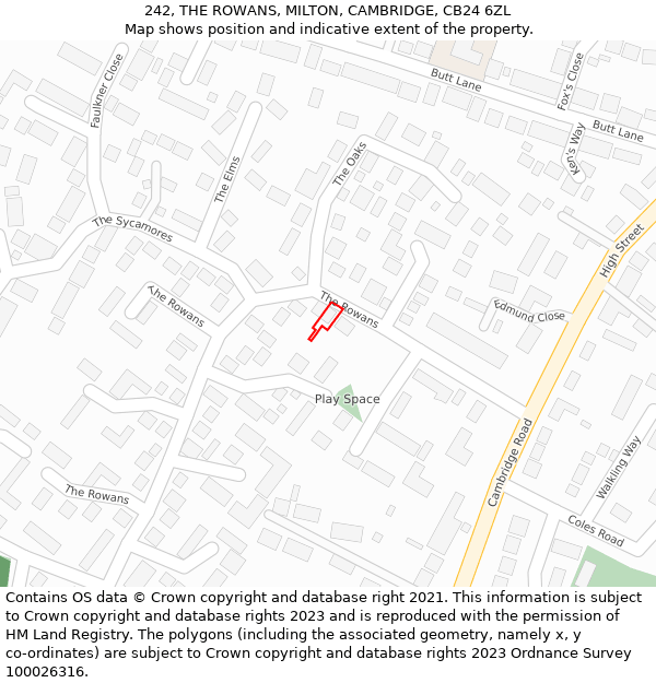 242, THE ROWANS, MILTON, CAMBRIDGE, CB24 6ZL: Location map and indicative extent of plot