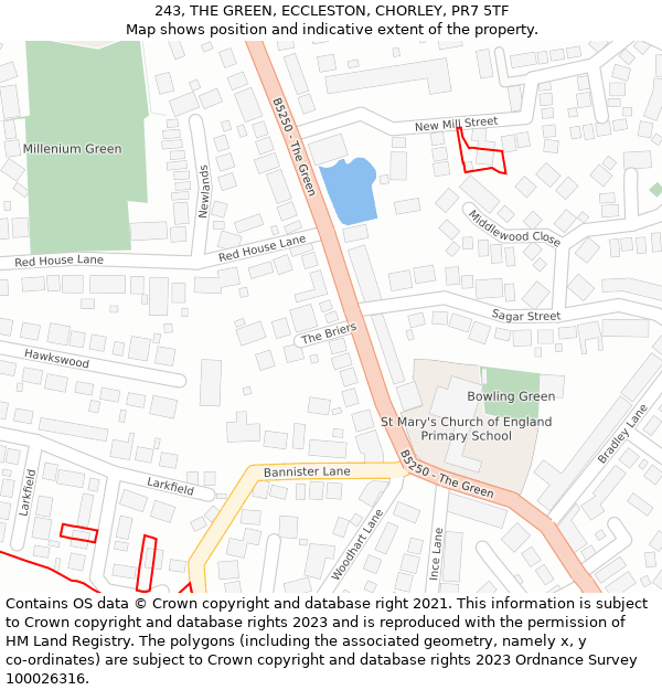 243, THE GREEN, ECCLESTON, CHORLEY, PR7 5TF: Location map and indicative extent of plot