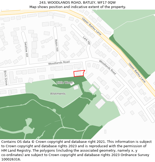 243, WOODLANDS ROAD, BATLEY, WF17 0QW: Location map and indicative extent of plot