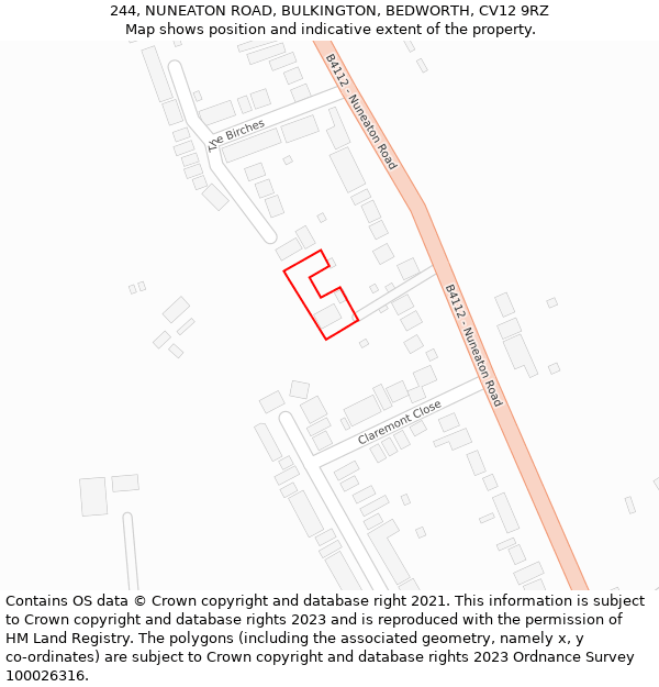 244, NUNEATON ROAD, BULKINGTON, BEDWORTH, CV12 9RZ: Location map and indicative extent of plot