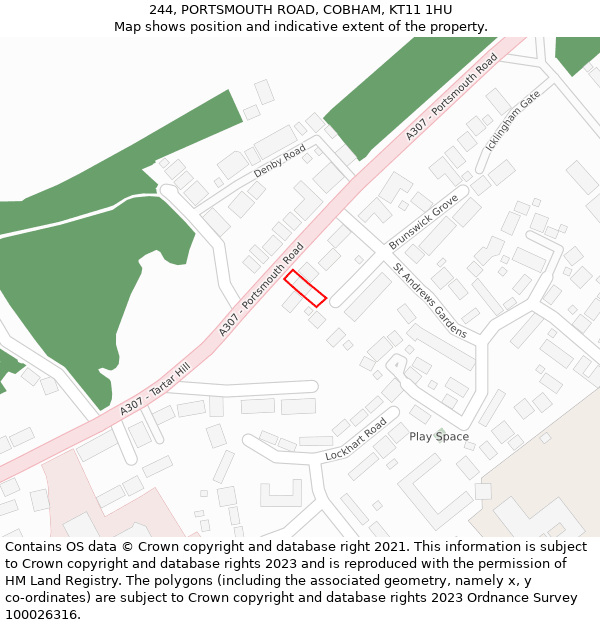 244, PORTSMOUTH ROAD, COBHAM, KT11 1HU: Location map and indicative extent of plot
