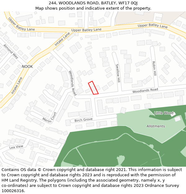 244, WOODLANDS ROAD, BATLEY, WF17 0QJ: Location map and indicative extent of plot