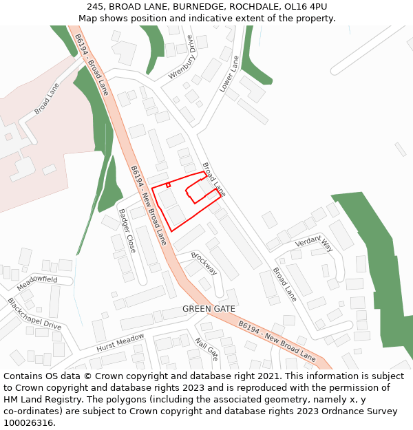 245, BROAD LANE, BURNEDGE, ROCHDALE, OL16 4PU: Location map and indicative extent of plot