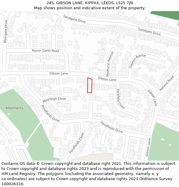 245, GIBSON LANE, KIPPAX, LEEDS, LS25 7JN: Location map and indicative extent of plot