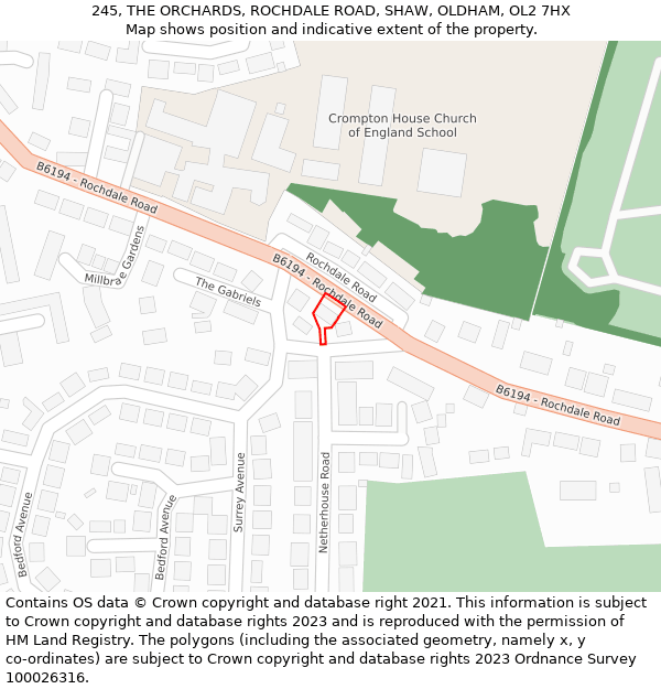 245, THE ORCHARDS, ROCHDALE ROAD, SHAW, OLDHAM, OL2 7HX: Location map and indicative extent of plot