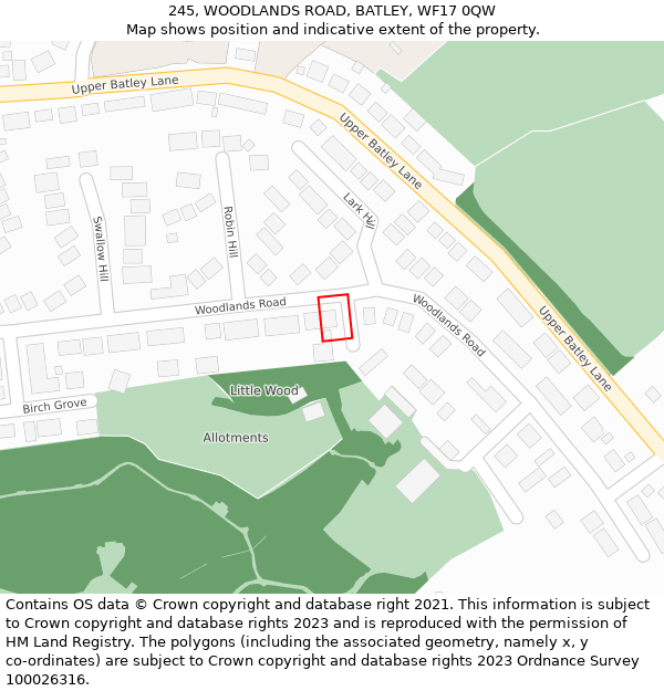 245, WOODLANDS ROAD, BATLEY, WF17 0QW: Location map and indicative extent of plot