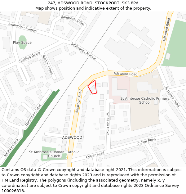 247, ADSWOOD ROAD, STOCKPORT, SK3 8PA: Location map and indicative extent of plot