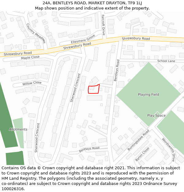 24A, BENTLEYS ROAD, MARKET DRAYTON, TF9 1LJ: Location map and indicative extent of plot