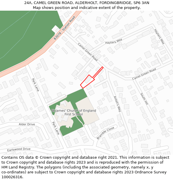 24A, CAMEL GREEN ROAD, ALDERHOLT, FORDINGBRIDGE, SP6 3AN: Location map and indicative extent of plot