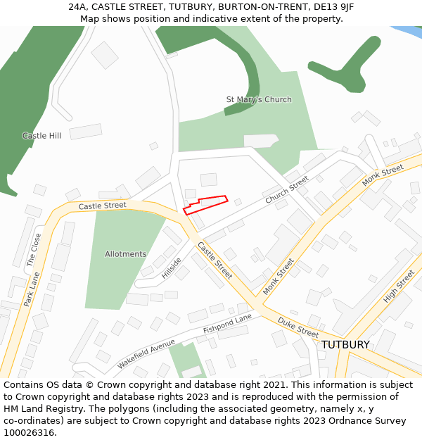 24A, CASTLE STREET, TUTBURY, BURTON-ON-TRENT, DE13 9JF: Location map and indicative extent of plot