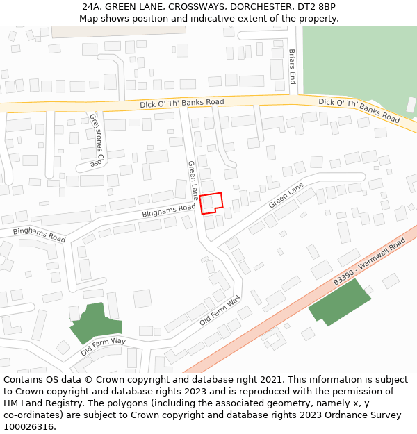 24A, GREEN LANE, CROSSWAYS, DORCHESTER, DT2 8BP: Location map and indicative extent of plot
