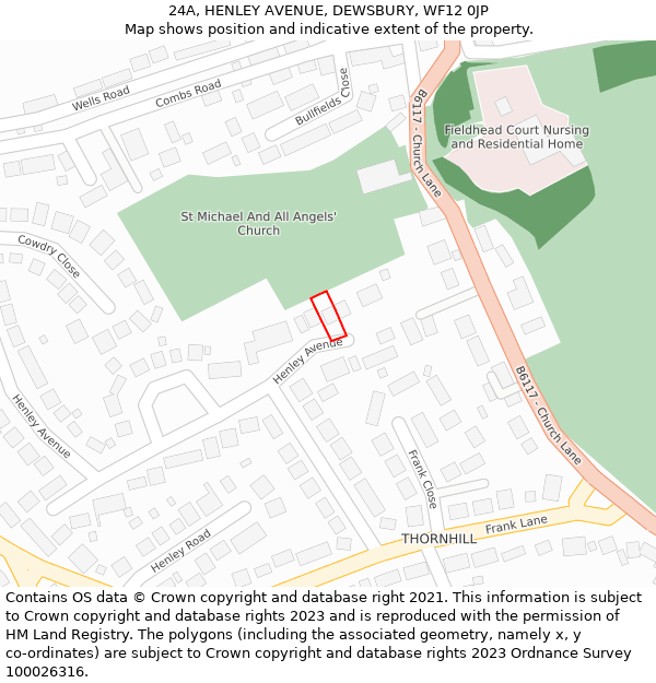 24A, HENLEY AVENUE, DEWSBURY, WF12 0JP: Location map and indicative extent of plot