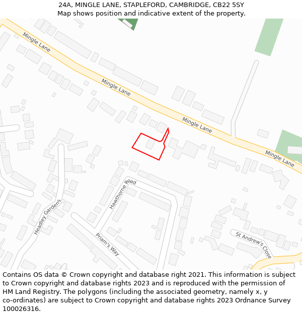 24A, MINGLE LANE, STAPLEFORD, CAMBRIDGE, CB22 5SY: Location map and indicative extent of plot