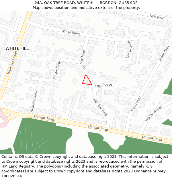 24A, OAK TREE ROAD, WHITEHILL, BORDON, GU35 9DF: Location map and indicative extent of plot