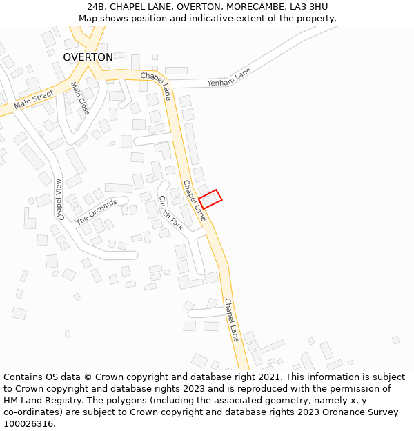 24B, CHAPEL LANE, OVERTON, MORECAMBE, LA3 3HU: Location map and indicative extent of plot