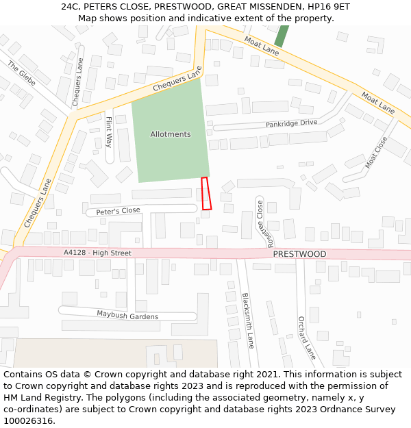 24C, PETERS CLOSE, PRESTWOOD, GREAT MISSENDEN, HP16 9ET: Location map and indicative extent of plot