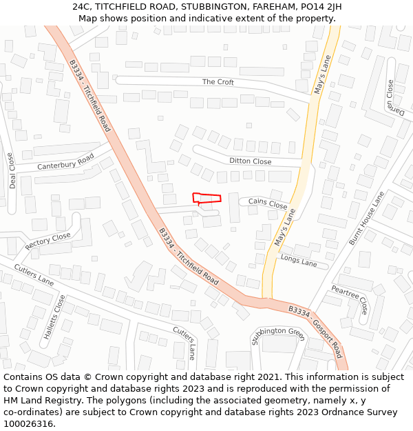 24C, TITCHFIELD ROAD, STUBBINGTON, FAREHAM, PO14 2JH: Location map and indicative extent of plot