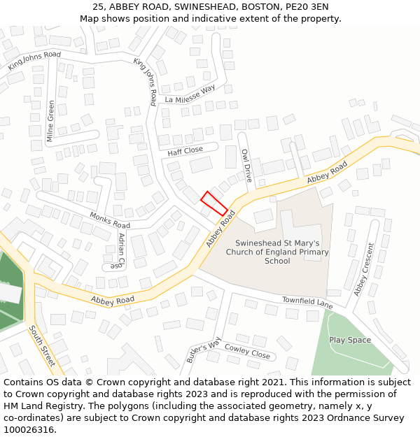 25, ABBEY ROAD, SWINESHEAD, BOSTON, PE20 3EN: Location map and indicative extent of plot