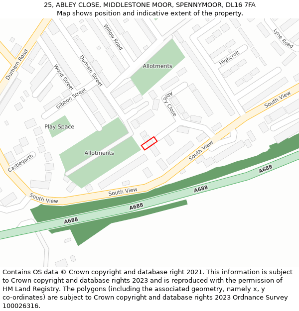 25, ABLEY CLOSE, MIDDLESTONE MOOR, SPENNYMOOR, DL16 7FA: Location map and indicative extent of plot