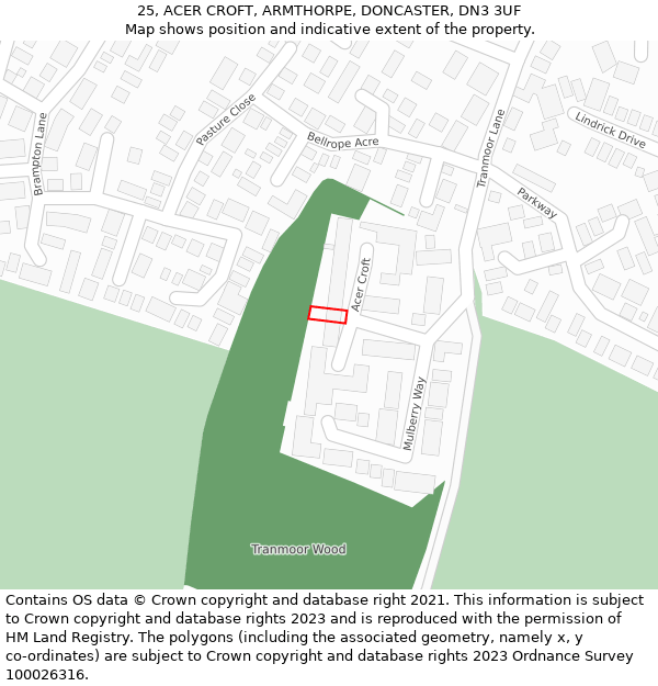 25, ACER CROFT, ARMTHORPE, DONCASTER, DN3 3UF: Location map and indicative extent of plot