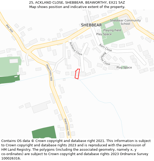 25, ACKLAND CLOSE, SHEBBEAR, BEAWORTHY, EX21 5AZ: Location map and indicative extent of plot