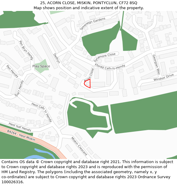 25, ACORN CLOSE, MISKIN, PONTYCLUN, CF72 8SQ: Location map and indicative extent of plot