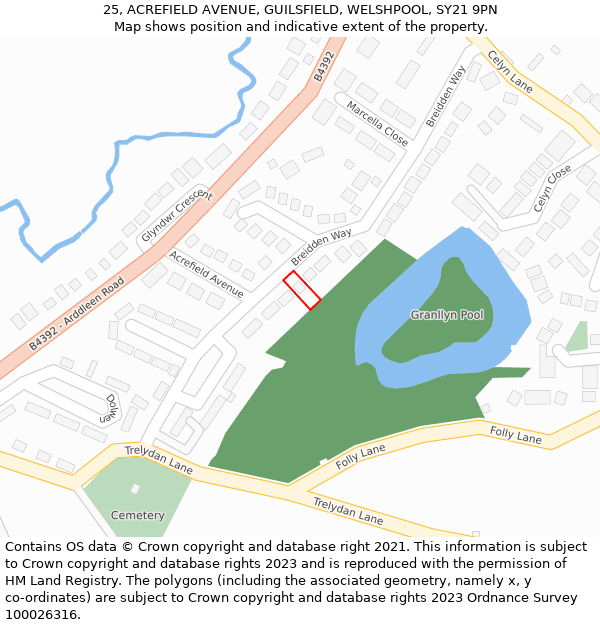 25, ACREFIELD AVENUE, GUILSFIELD, WELSHPOOL, SY21 9PN: Location map and indicative extent of plot