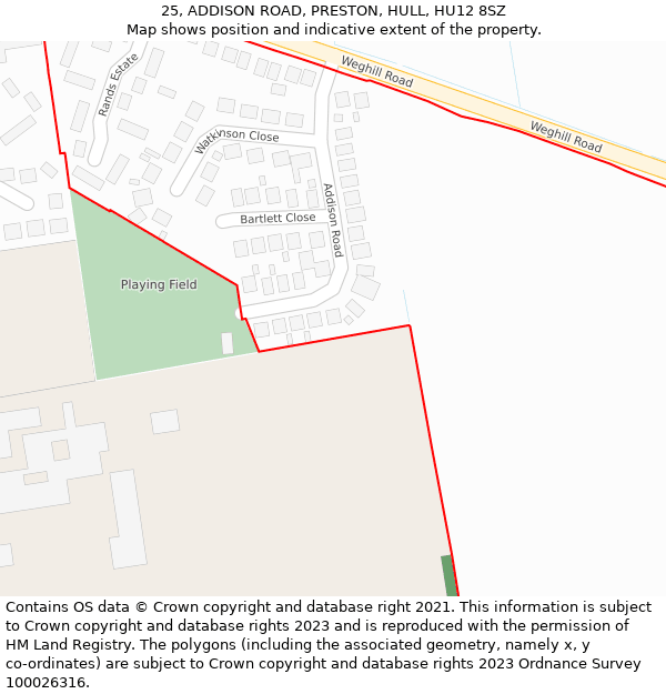 25, ADDISON ROAD, PRESTON, HULL, HU12 8SZ: Location map and indicative extent of plot